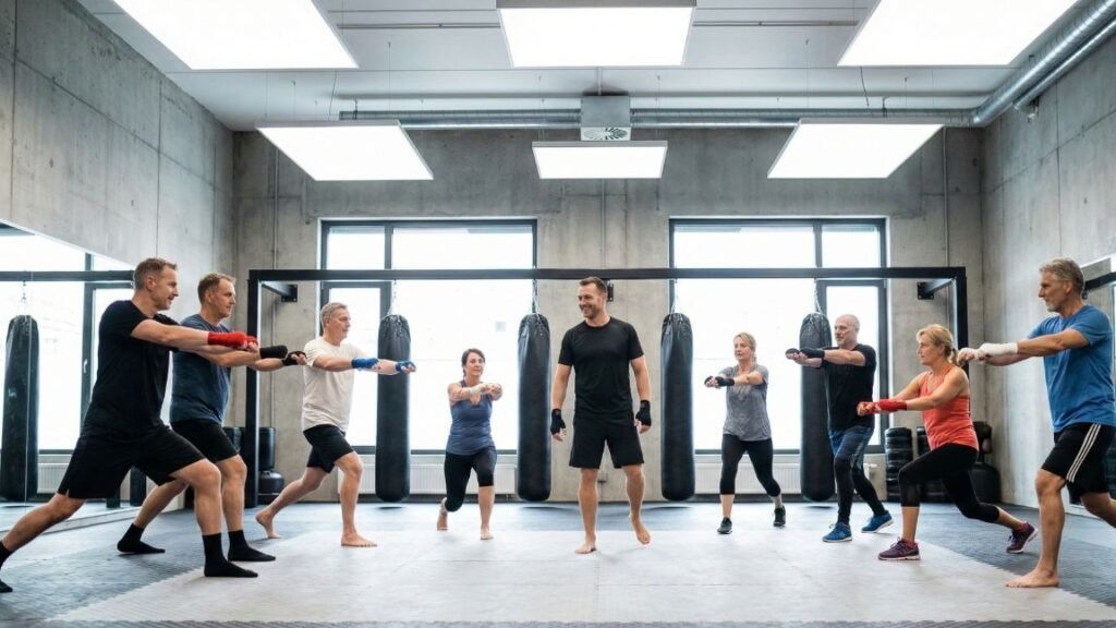 grupo de personas mayores entrenando boxeo