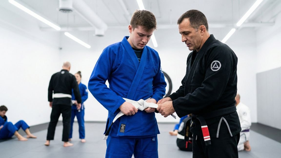 Principiante en su primera clase de jiu jitsu brasileño