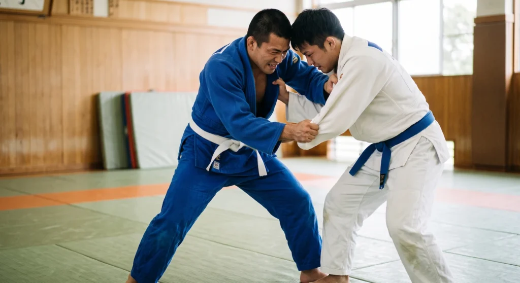 	Dos judokas disputando el agarre antes de una proyección