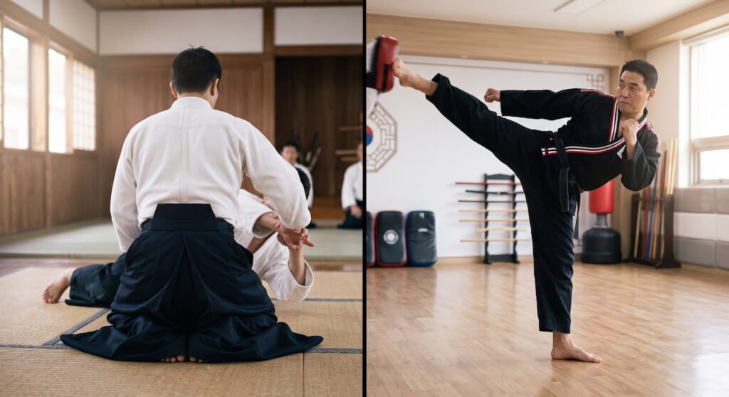 un peleador de aikido a la izquierda en sheiza y un peleador de hapkido lanzando una patada a la derecha