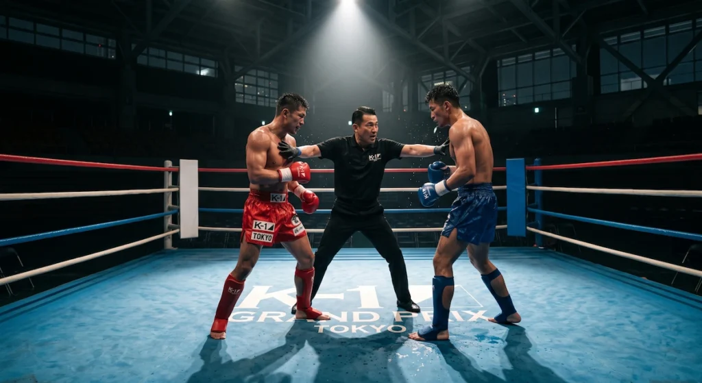 Árbitro separando a dos competidores durante un combate de kickboxing