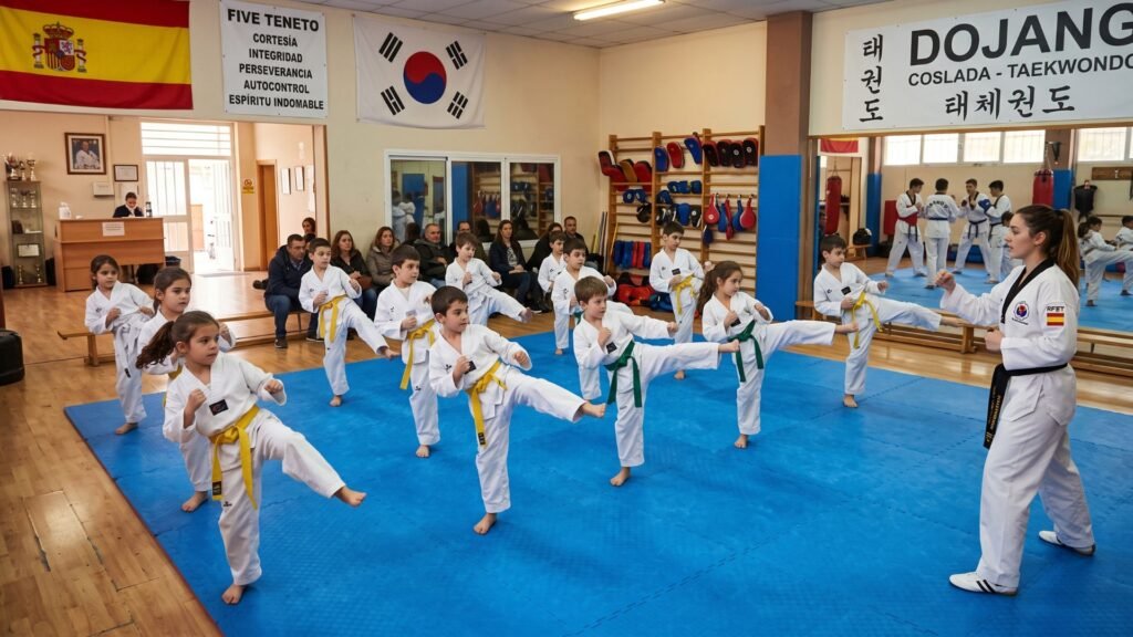Grupo de niños entrenando taekwondo en una clase