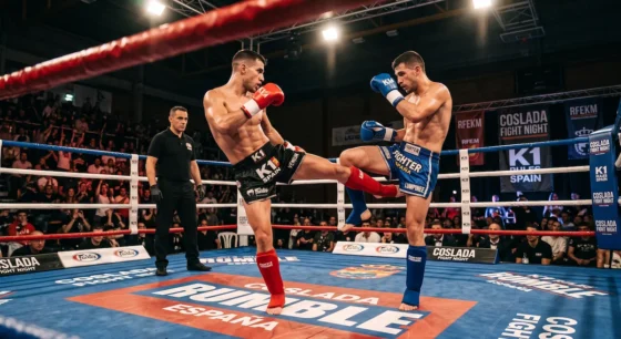 Combate de K1 en ring con un peleador lanzando una patada baja