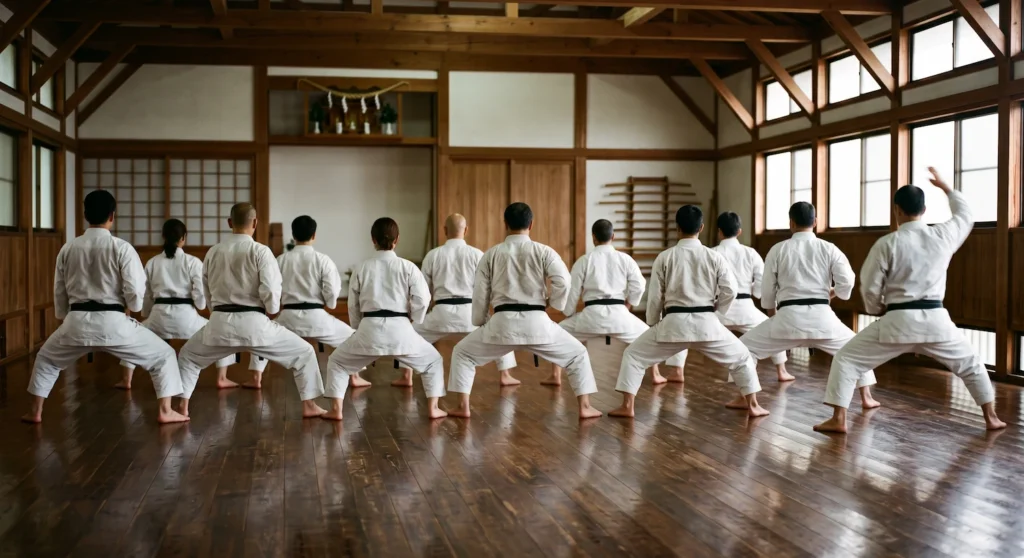 Practicantes de karate manteniendo una posición baja en el dojo