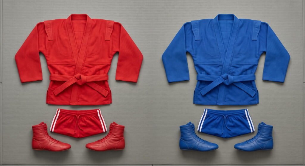 Equipamiento de sambo: kurtka con hombreras, cinturón, pantalón corto y botas