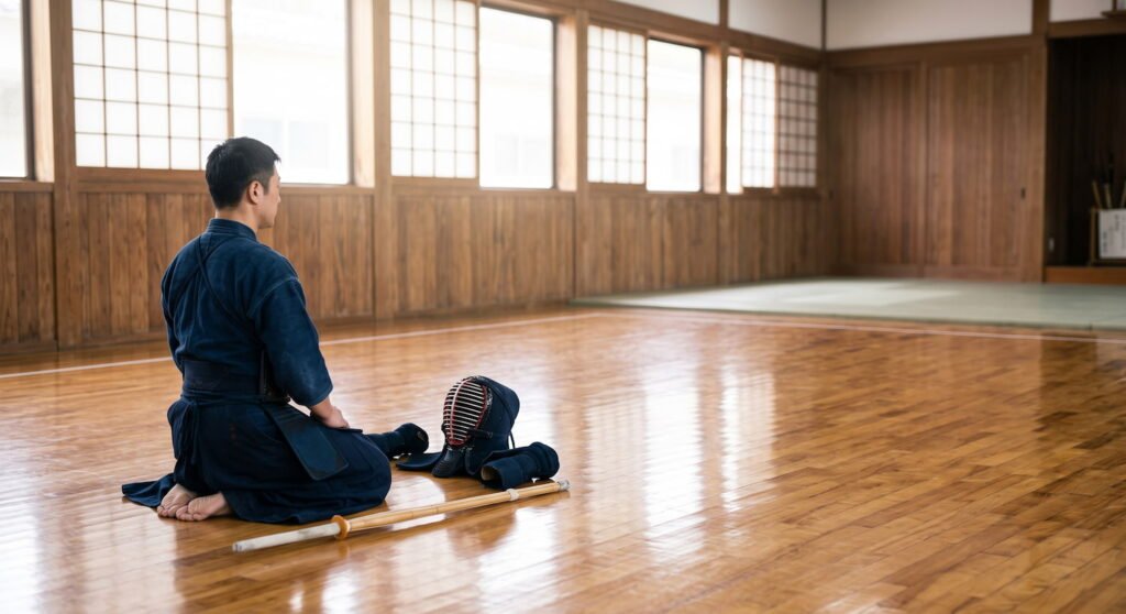 Kendoka en seiza antes de entrenar, con el shinai y el casco a su lado