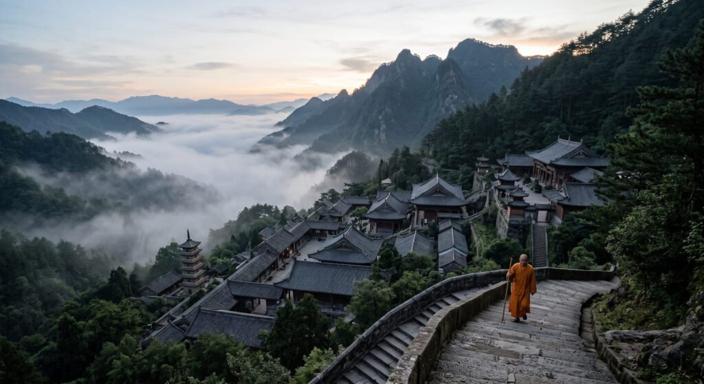 Monje shaolin subiendo escaleras en un templo en la montaña