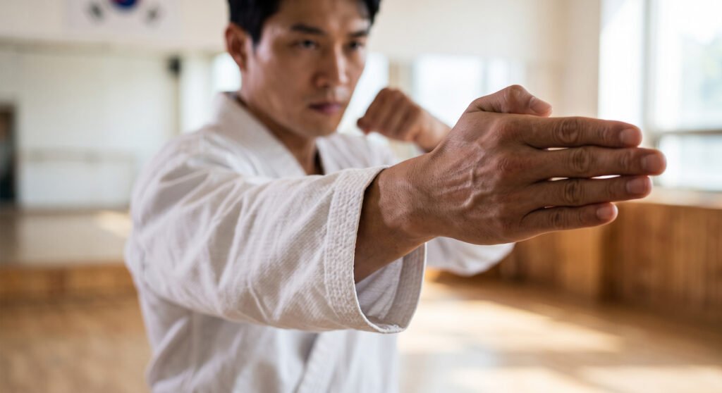 Practicante de tangsudo ejecutando una técnica de mano abierta en el dojang