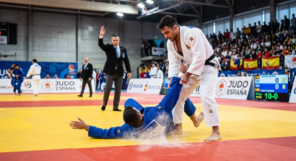 Judoka cayendo de espaldas tras una proyección en competición