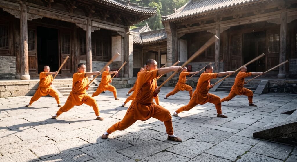 Monjes shaolin entrenando kung fu con armas y trajes tradicionales