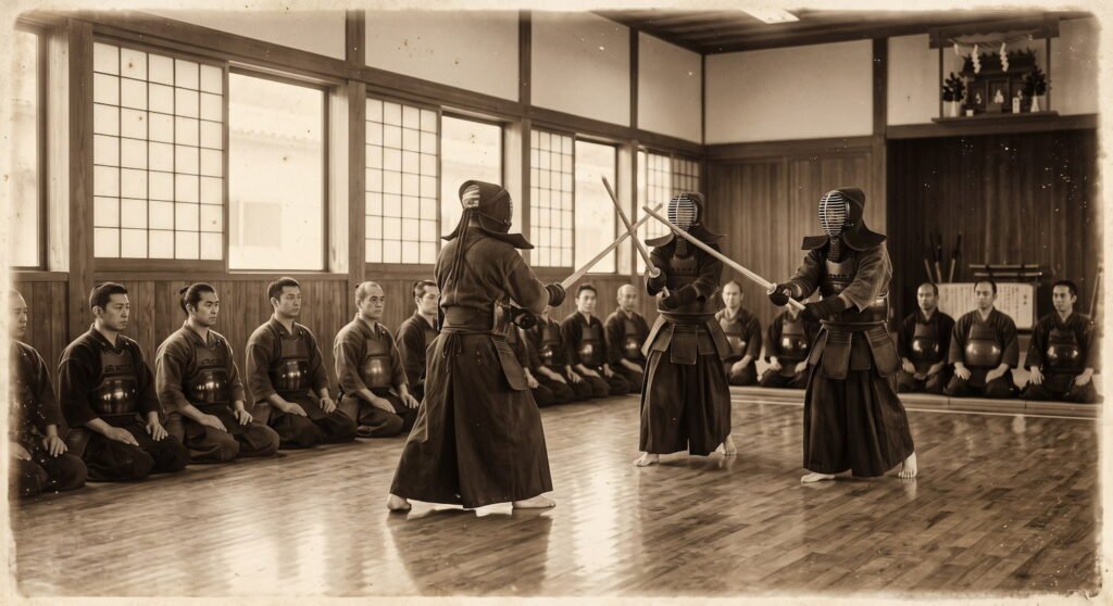 Recreación de un entrenamiento de esgrima japonesa del siglo XIX, antecedente del kendo