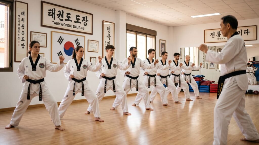 Practicantes de taekwondo ejecutando una forma en el dojang