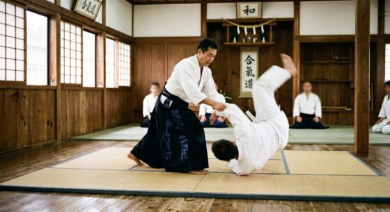 maestro de aikido haciendo una tecnica a alumno en tatami tradicional de aikido