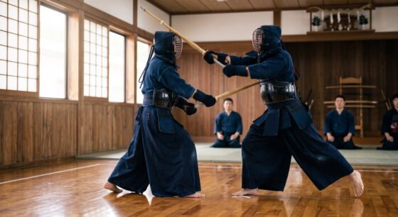 Dos kendokas en pleno combate: golpe a la cabeza (men) con el shinai