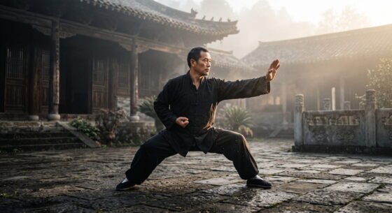 Maestro de kung fu con un atuendo tradicional negro haciendo posturas en un tempo