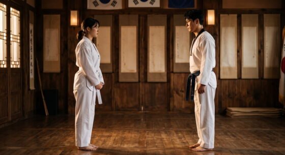 Dos practicantes de tangsudo con dobok blanco y cinturón azul medianoche frente a frente en un dojang