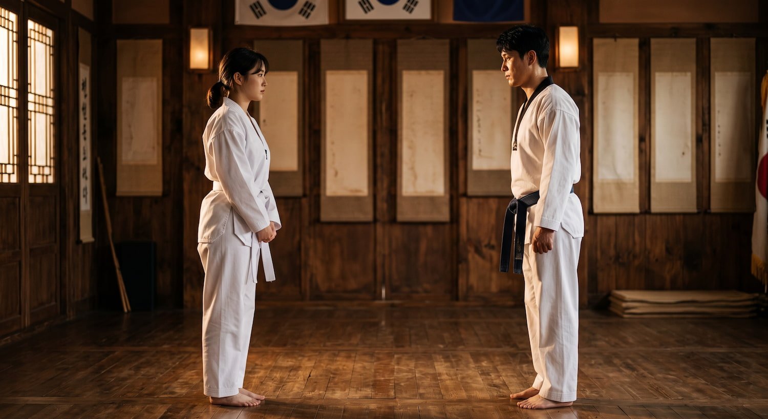 Dos practicantes de tangsudo con dobok blanco y cinturón azul medianoche frente a frente en un dojang