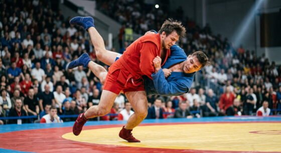 Dos luchadores de sambo, uno de rojo y otro de azul, en plena proyección