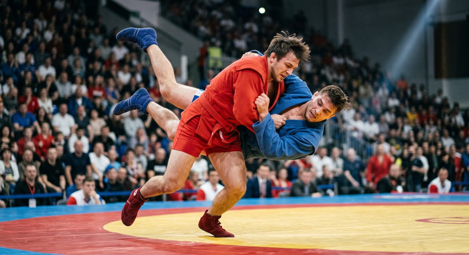 Dos luchadores de sambo, uno de rojo y otro de azul, en plena proyección