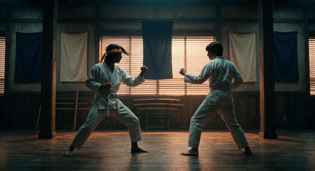 Escena de rivalidad entre dos alumnos de artes marciales inspirada en los dojos de los años 80