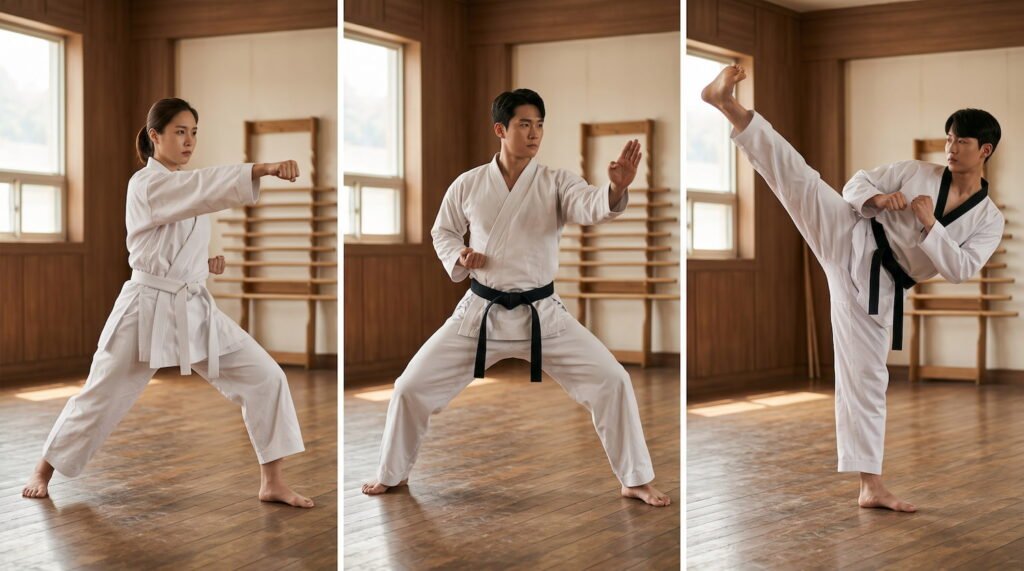 Comparación visual de tres artes marciales: karate, tangsudo y taekwondo, con la postura y técnica típica de cada una