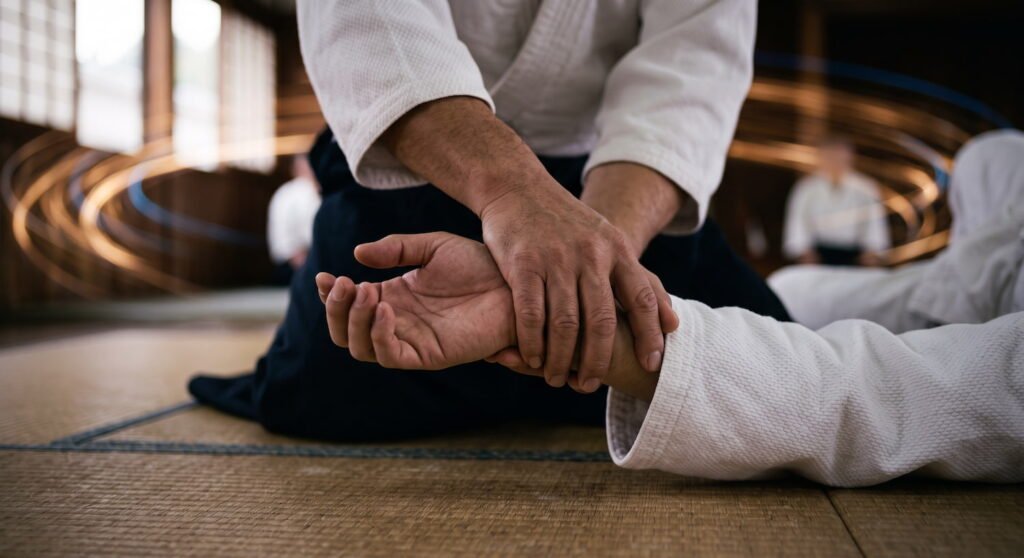 maestro haciendo una técnica a alumno de aikido en la muñeca