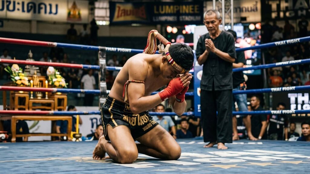 Peleador de Muay Thai realizando el Wai Kru con el Mongkon en la cabeza
