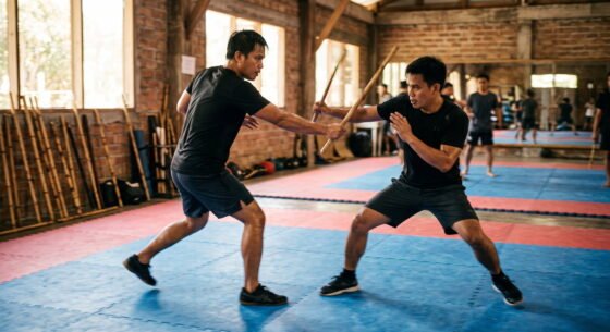 Dos practicantes de eskrima filipino entrenando con bastones de ratán en un gimnasio
