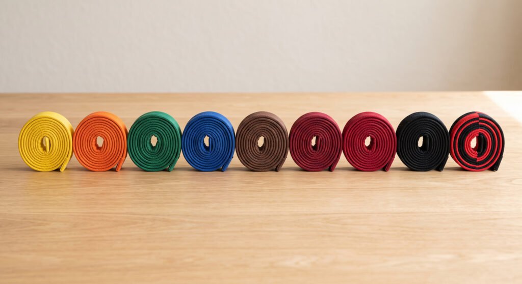 Cinturones de hapkido ordenados del amarillo al rojo, con cinturón negro y negro y rojo