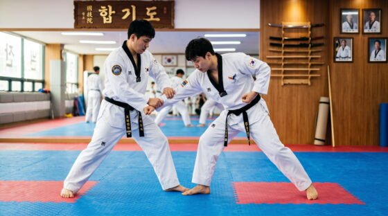 Dos practicantes de hapkido en un dojang aplicando una luxación de muñeca y una proyección circular