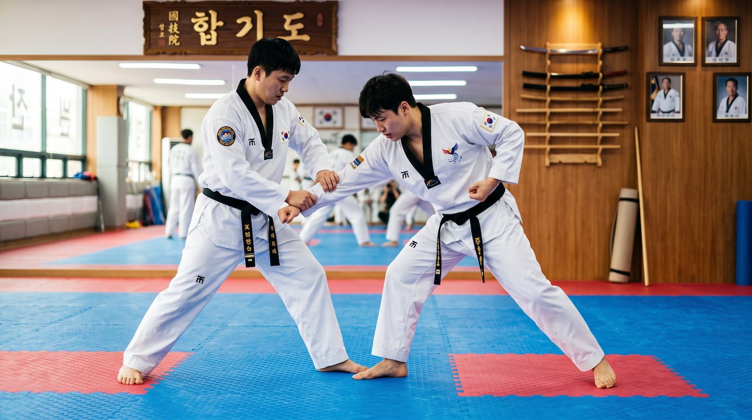 Dos practicantes de hapkido en un dojang aplicando una luxación de muñeca y una proyección circular