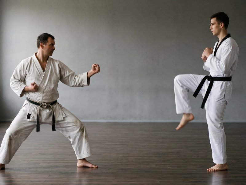 Dos karatecas practicando en el dojo