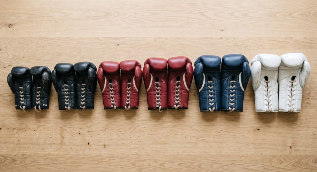 Seis pares de guantes de boxeo ordenados por tamaño sobre una mesa de madera