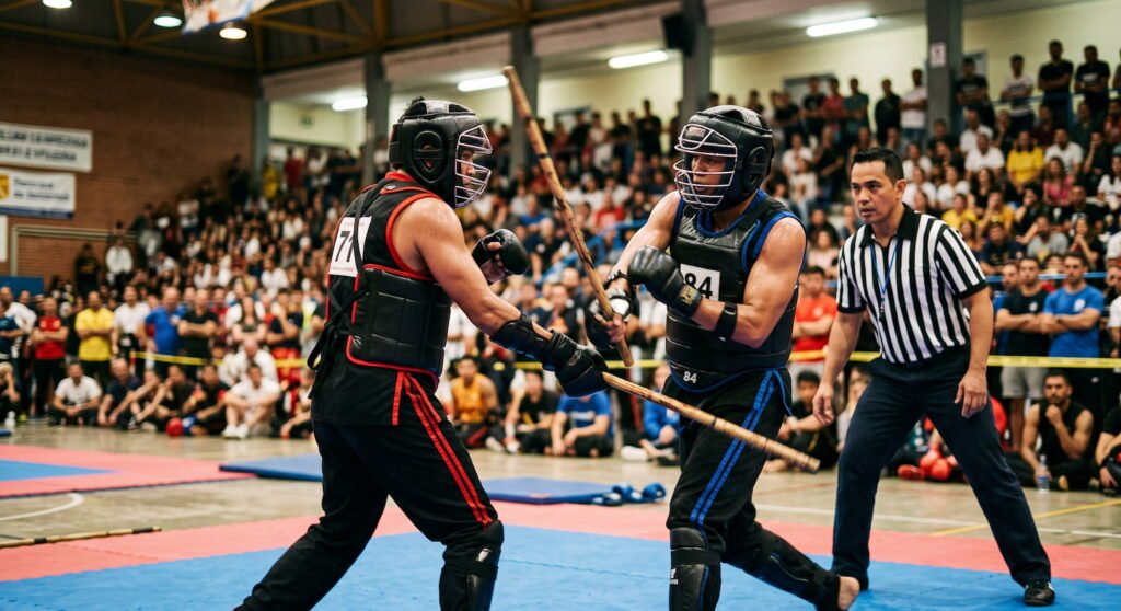Combate de eskrima de contacto pleno con casco, peto y bastones de ratán