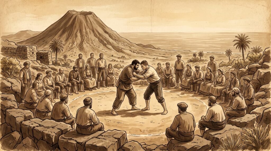 Ilustración de época de una lucha tradicional en un paisaje volcánico de Canarias