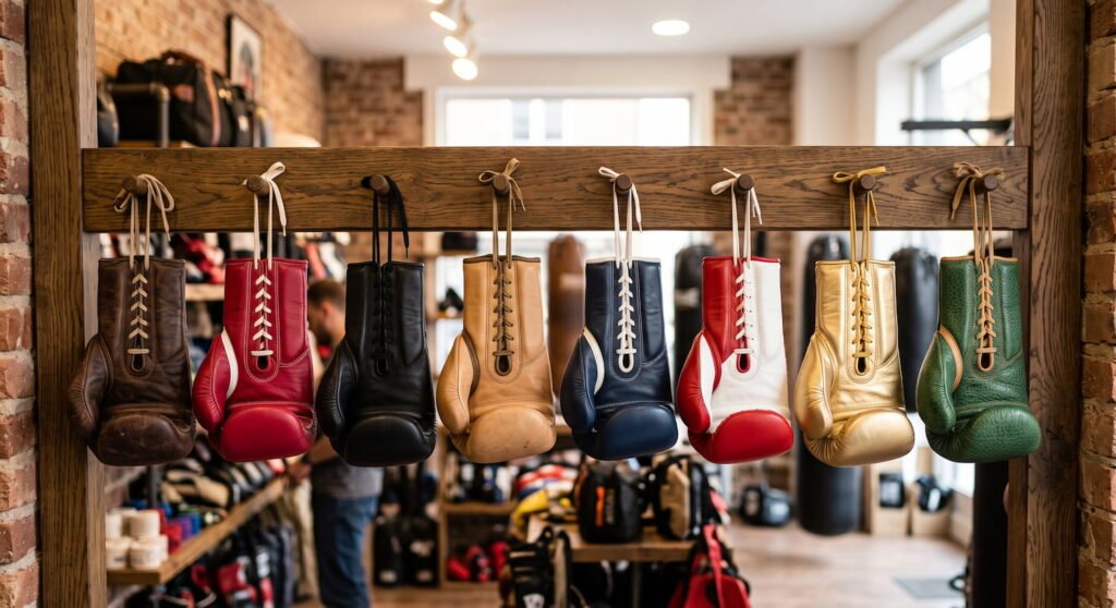 Guantes de boxeo de distintas marcas en el expositor de una tienda de material de combate