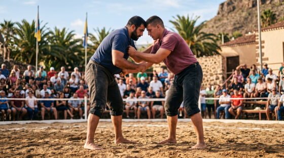 Dos luchadores de lucha canaria en el terrero de arena antes de iniciar la agarrada