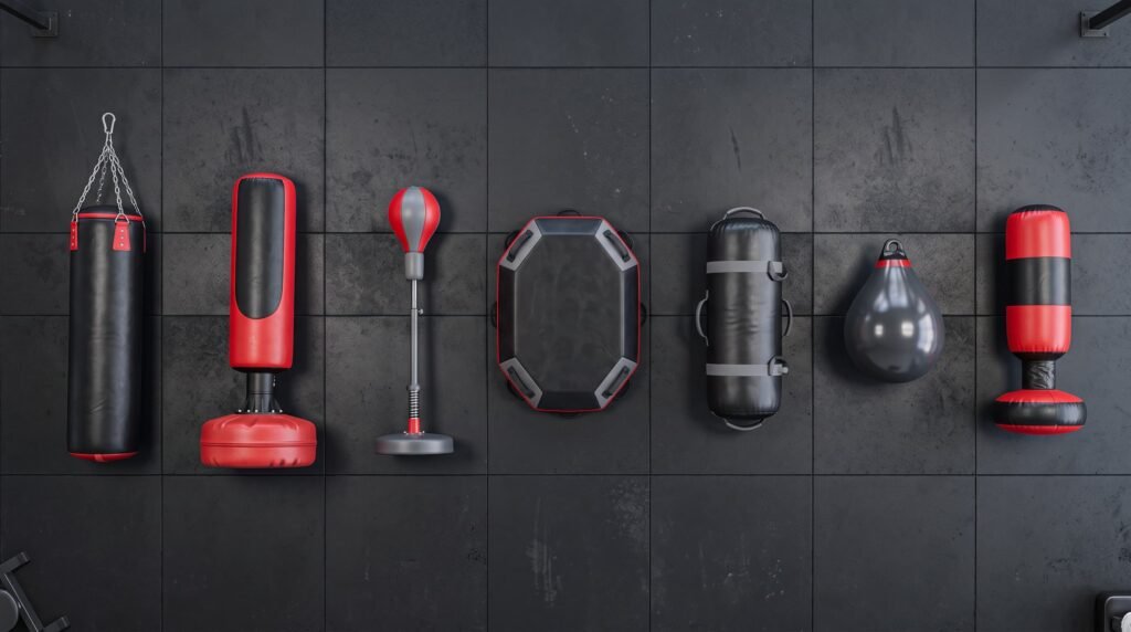 Siete tipos de sacos de boxeo dispuestos en fila: colgante, de pie, de pared, de agua e hinchable
