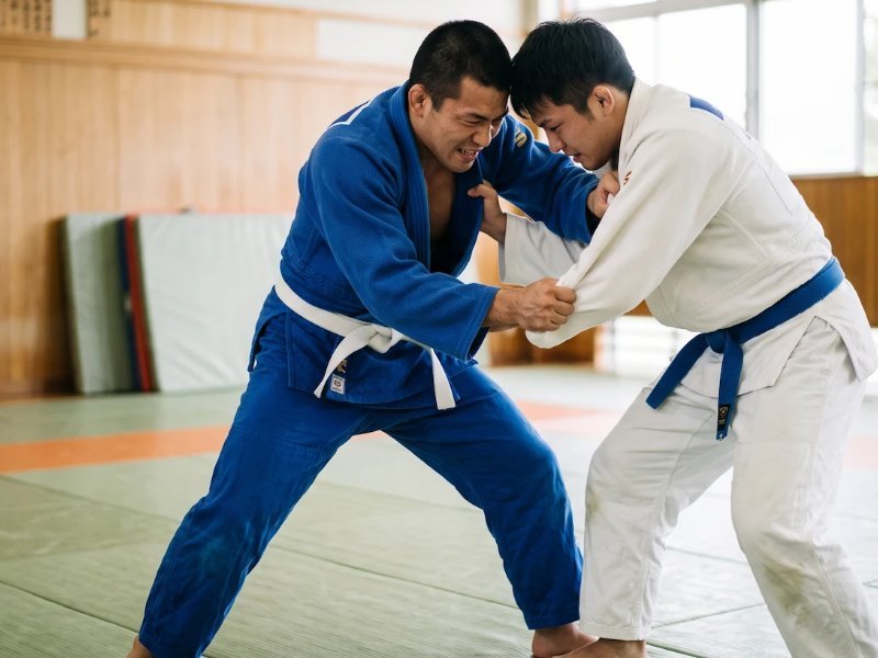 Dos judokas practicando agarres sobre el tatami