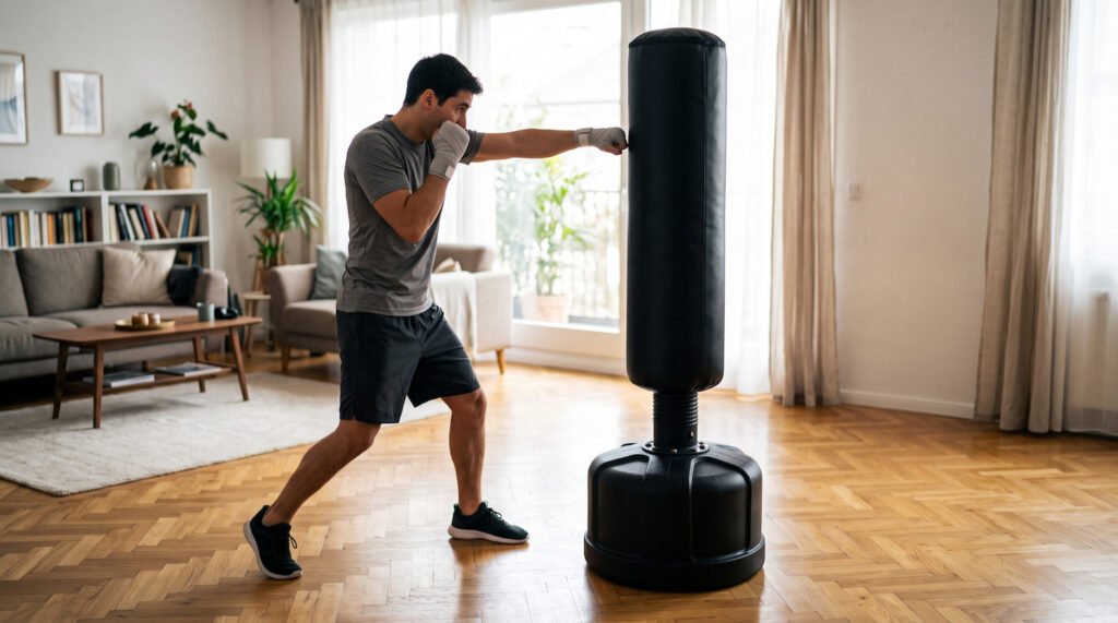Persona entrenando en casa con un saco de boxeo de pie de base ancha