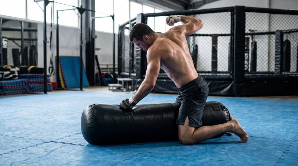 Luchador practicando ground and pound sobre un saco de boxeo de suelo en un tatami