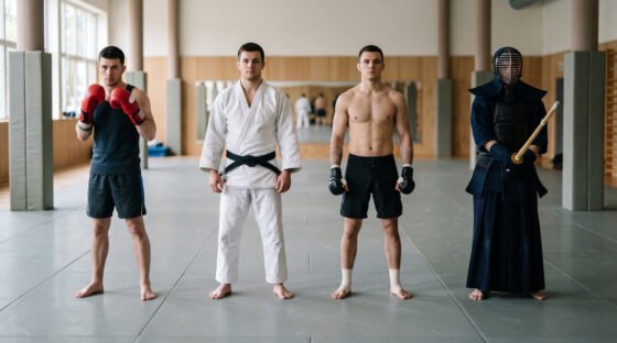 Cuatro practicantes de distintas artes marciales: boxeo, judo, MMA y kendo