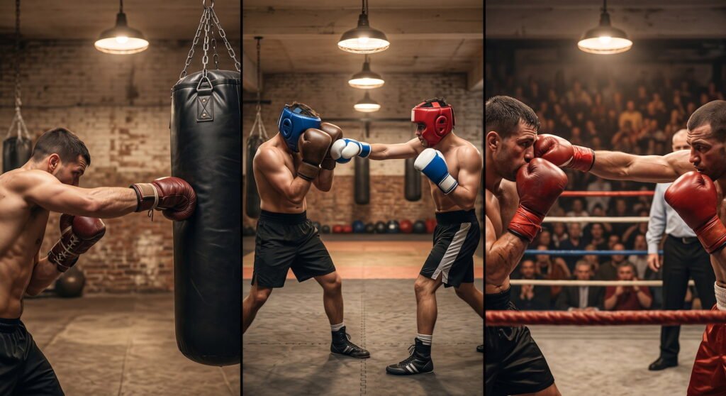 Guantes de boxeo de saco, de sparring y de competición en uso