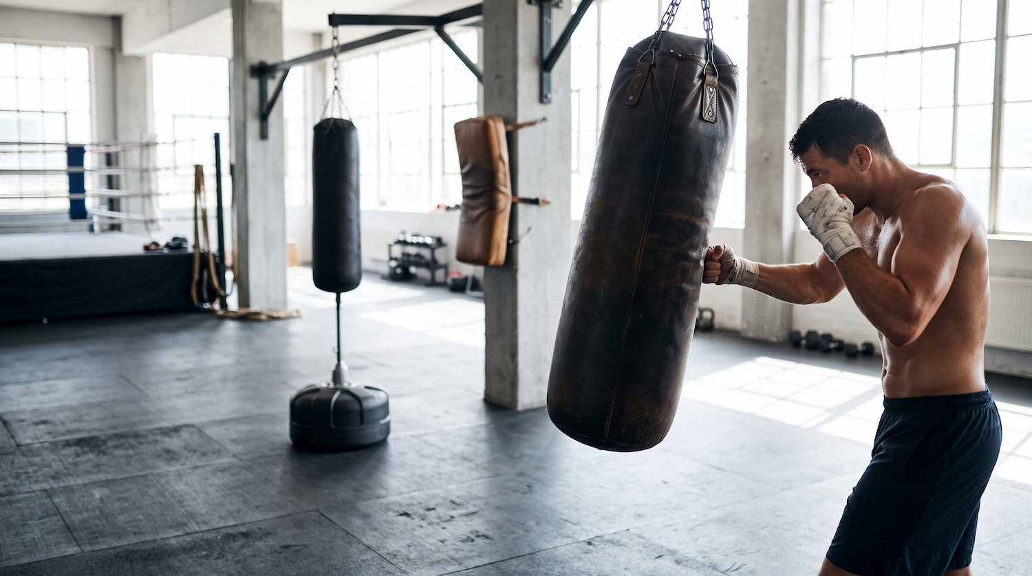 Gimnasio de boxeo con sacos colgante, de pie y de pared y un boxeador entrenando